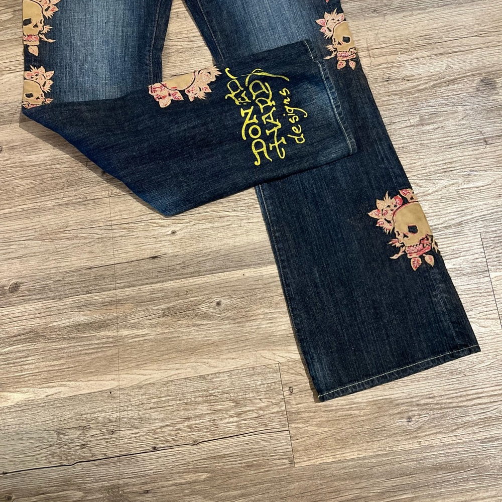 Ed Hardy Skull Flower Jeans Blue Denim Button Fly NWT rhinestones